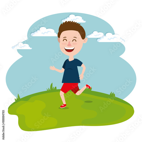 happy boy running in the field vector illustration design