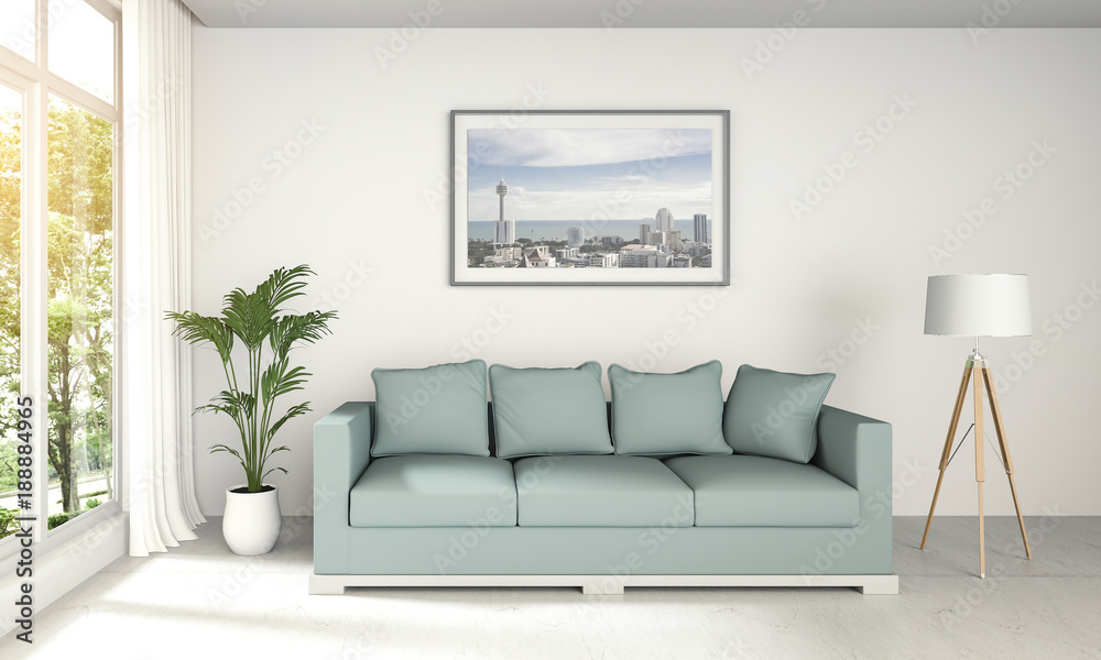 3D rendering of interior modern room and green landscape in window. 3D rendering of interior modern room and green landscape in window.