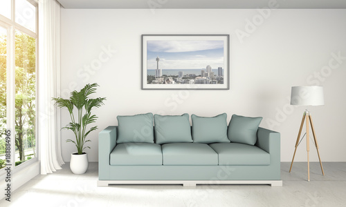3D rendering of interior modern room and green landscape in window.