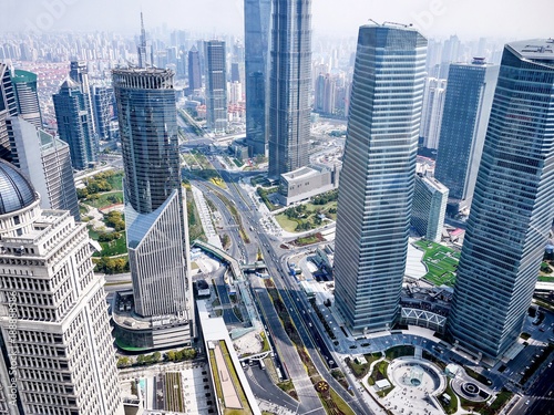Photography Aerial view of Shanghai's high density central business area