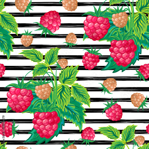 Seamless pattern with raspberry on strips. Summer background.