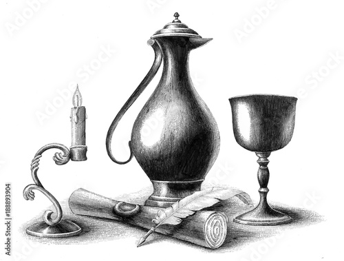 Antique metal pitcher and metal glass hand drawing engraving vintage illustration black and white by pencil and ink