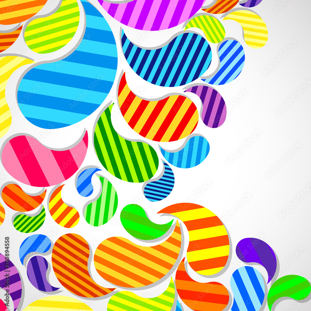 Obraz premium Bright striped colorful curved drops spray on a light background, vector color design, graphic illustration.