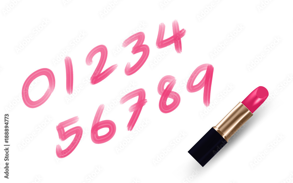 Number 0-9 write by Lipstick pink color isolated on white background, with copy space Number 0-9 write by Lipstick pink color isolated on white background, with copy space