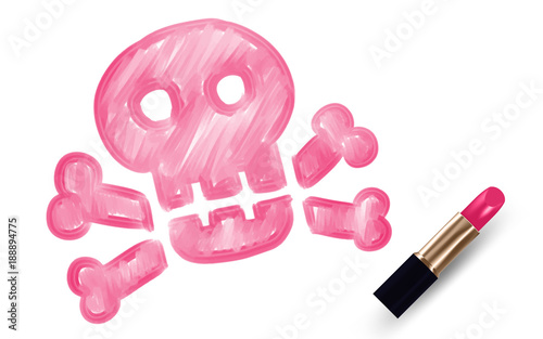 Skull and crossbones symbol write by Lipstick pink color isolated on white background, with copy space