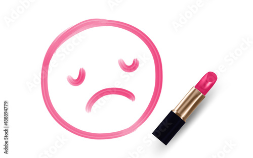 Sad face symbol write by Lipstick pink color isolated on white background, with copy space