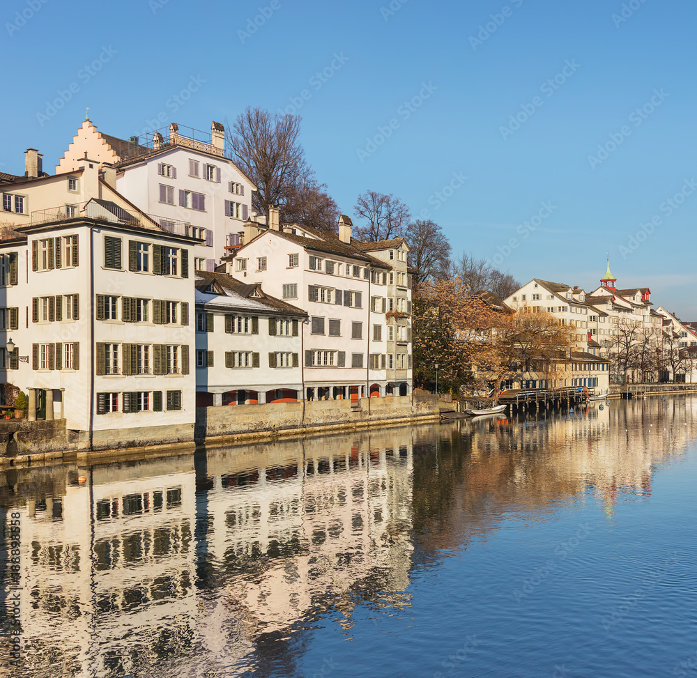 The Limmat river and buildings of the historic center of the Swiss city of Zurich in wintertime