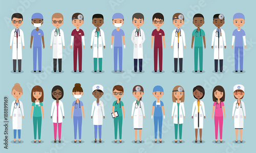 Doctors, nurses and surgeons characters. Animated medical people. Flat avatars. Vector. Set icons isolated on blue background. Healthcare professional. Hospital staff. Medicine concept.