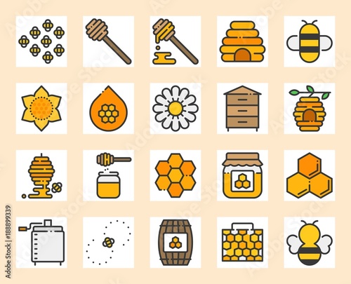 Honey farm icon set, filled outline design, 128 px with 4 px stroke pixel perfect