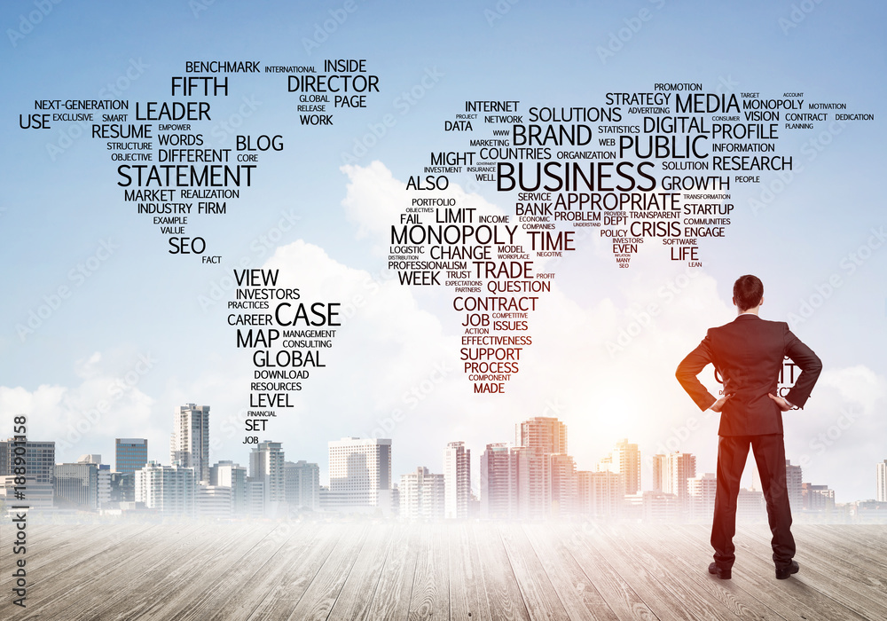 Motivation and inspiration concept with modern cityscape and businessman observing it