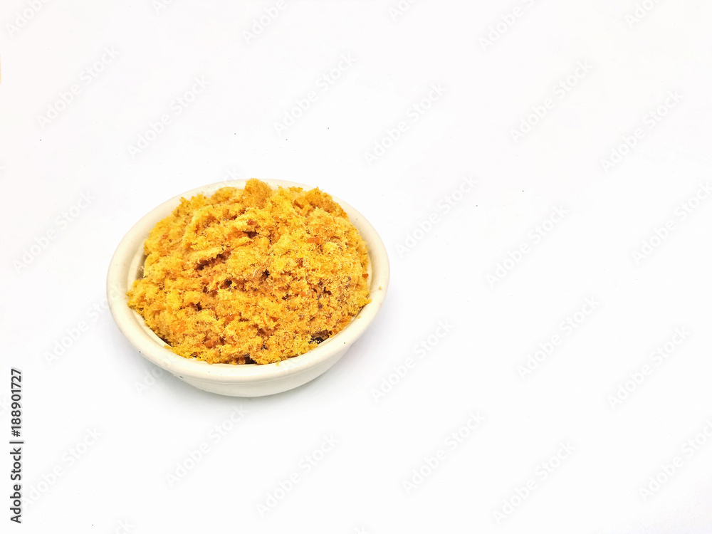 Dried shredded pork in bowl, isolated on white Dried shredded pork in bowl, isolated on white