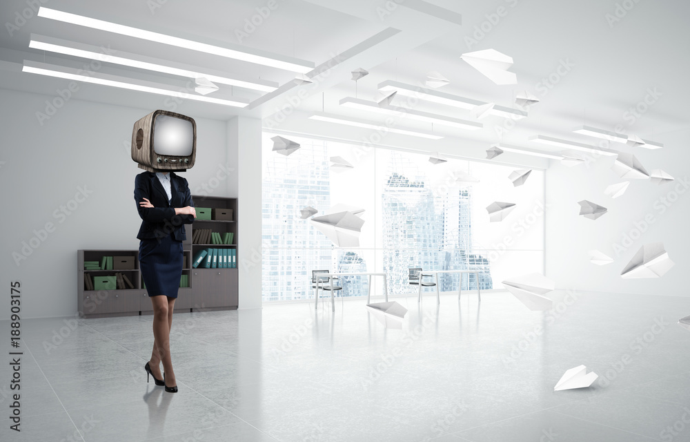 Business woman with an old TV instead of head. Business woman with an old TV instead of head.