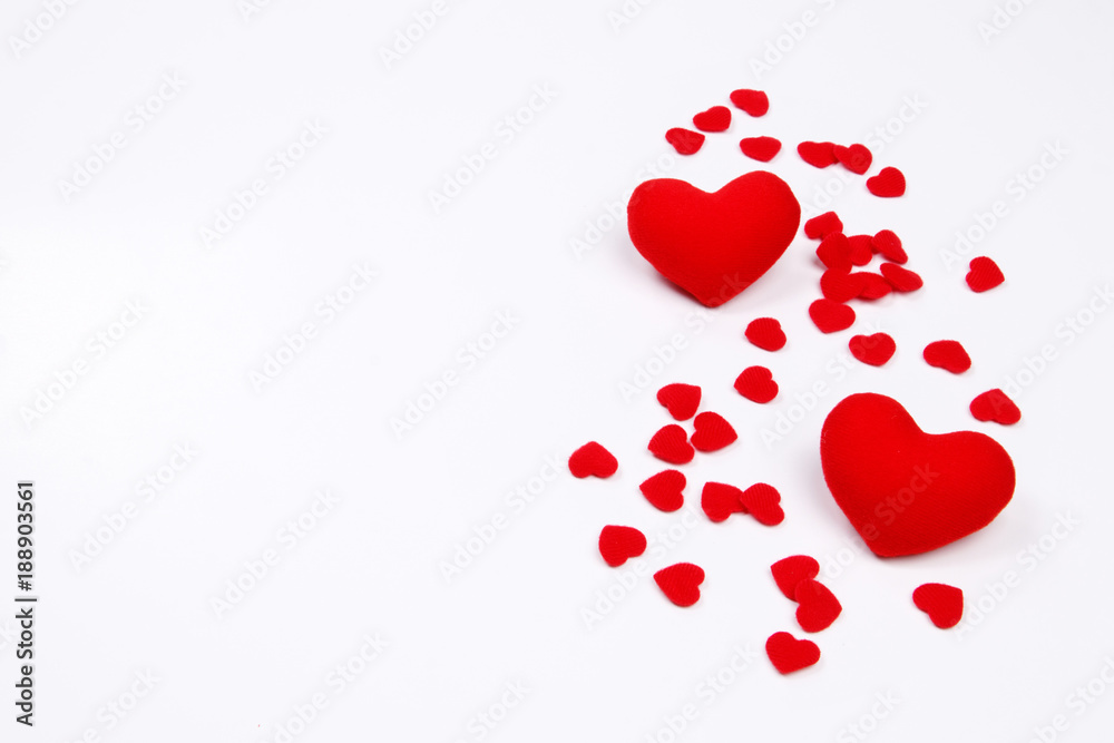 Red heart shapes on white background with copy space. Love concept for valentines day with sweet and romantic moment. Wedding background.