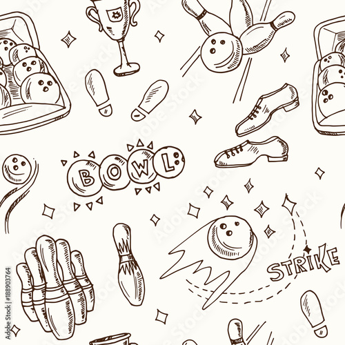 Hand drawn doodle bowling seamless pattern