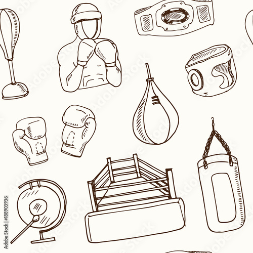 Hand drawn doodle boxing seamless pattern