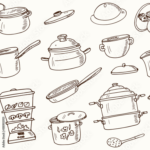 Hand drawn doodle pots steamers seamless pattern