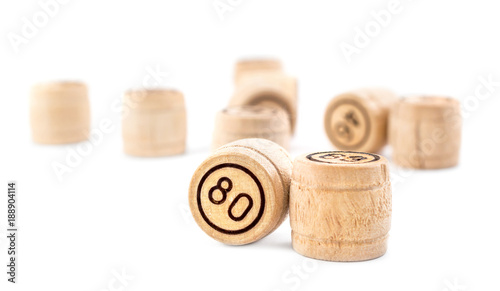 Bingo lotto wooden keg on white background.