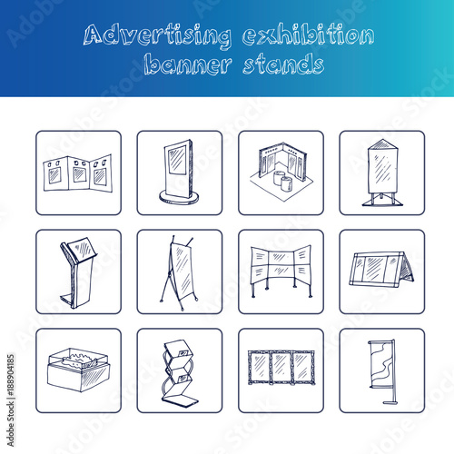 Hand drawn doodle advertising exhibition banner stands set.