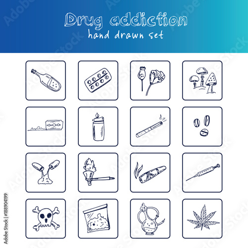 Hand drawn doodle drug addiction set.