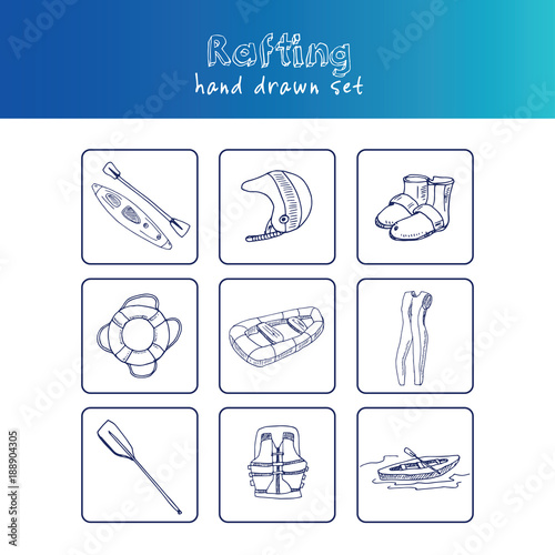 Hand drawn doodle rafting set.