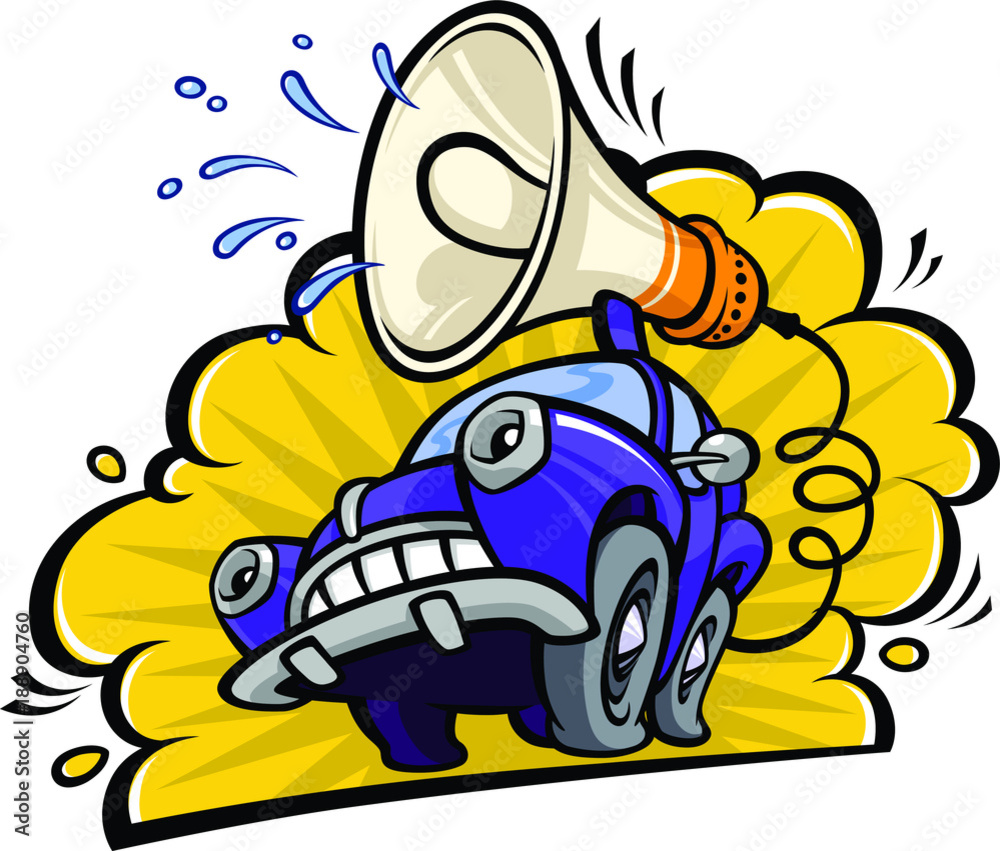 Cartoon funny car with a megaphone in a flat style. Vector Image isolated on white background. Icon illustration for print and website. Comic style. Mascot for the company. Cartoon funny car with a megaphone in a flat style. Vector Image isolated on white background. Icon illustration for print and website. Comic style. Mascot for the company.