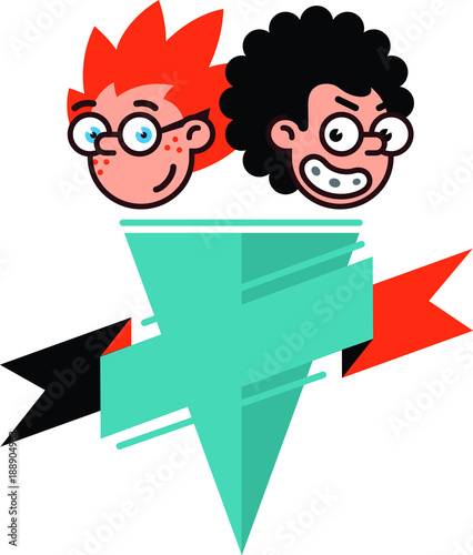 Cartoon characters geeks in a flat style. Vector image isolated on white background. Comics logo of the company. Avatar, icons of characters for print and site. Geek characters for the company.