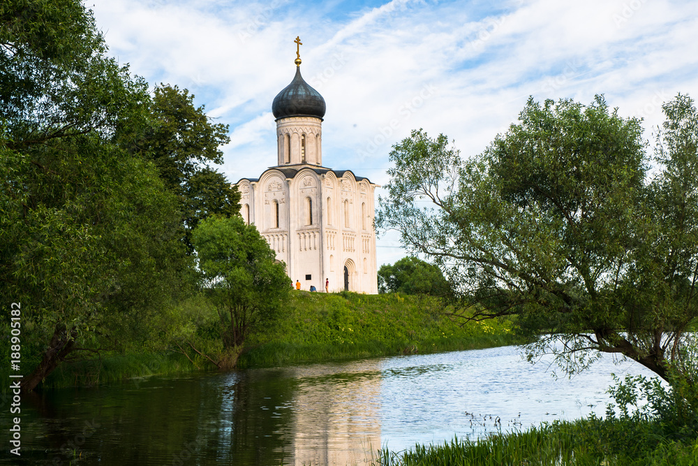 Russian ancient shrine. Orthodox Church of the Intercession on the Nerl River. Summer landscape. Vladimir region.