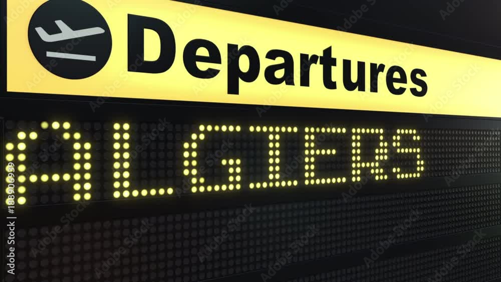 Flight to Algiers on international airport departures board. Travelling to Algeria conceptual intro animation Flight to Algiers on international airport departures board. Travelling to Algeria conceptual intro animation