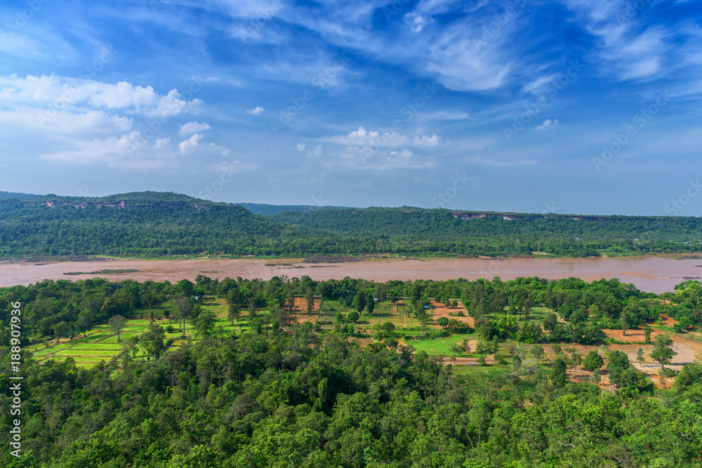 Landscape of rainforest, Beautiful Mekong river with blue sky at Thailand.