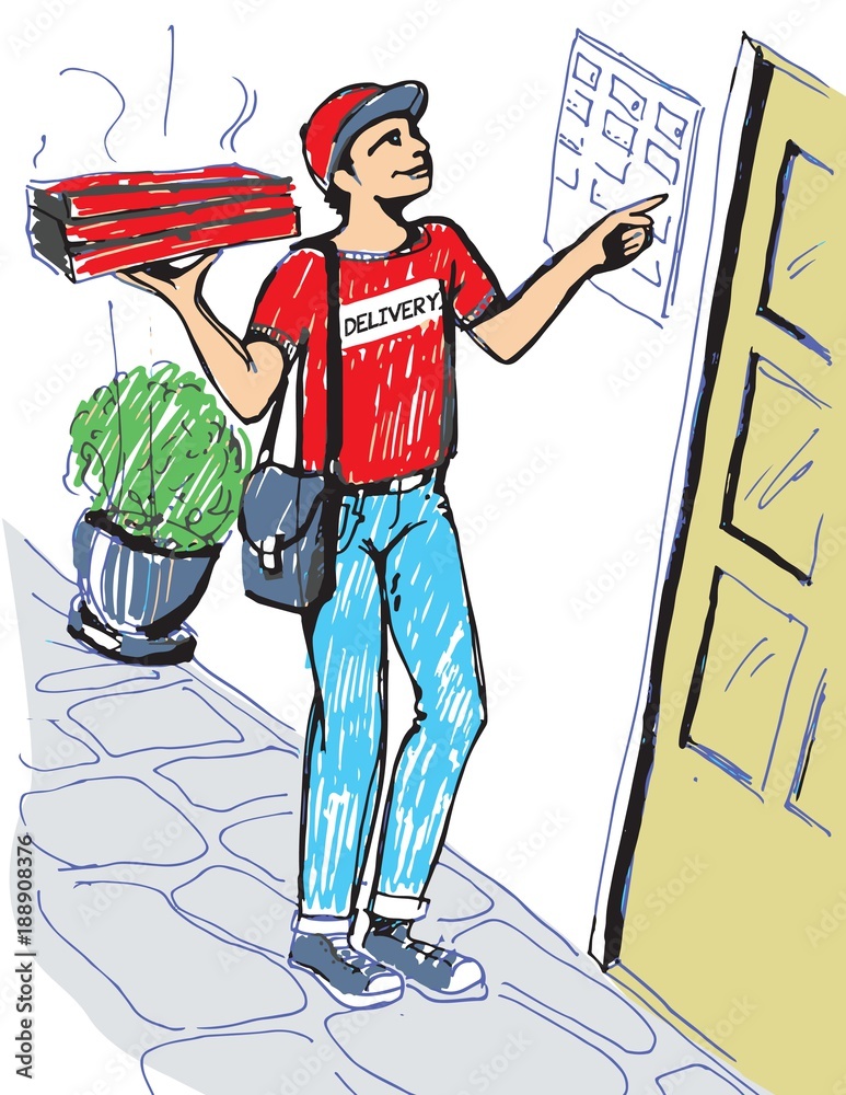 Young boy delivering hot pizzas Pizza box. Delivery pizza man. Stock