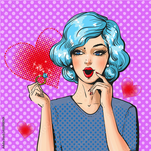 Vector pop art illustration of woman looking at diamond ring