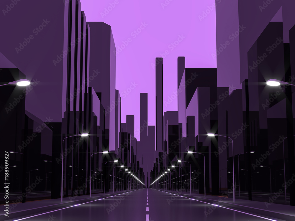 Violet city 3d rendering image.Street View in city with street lights ,Graphic style image monochrome with violet tone