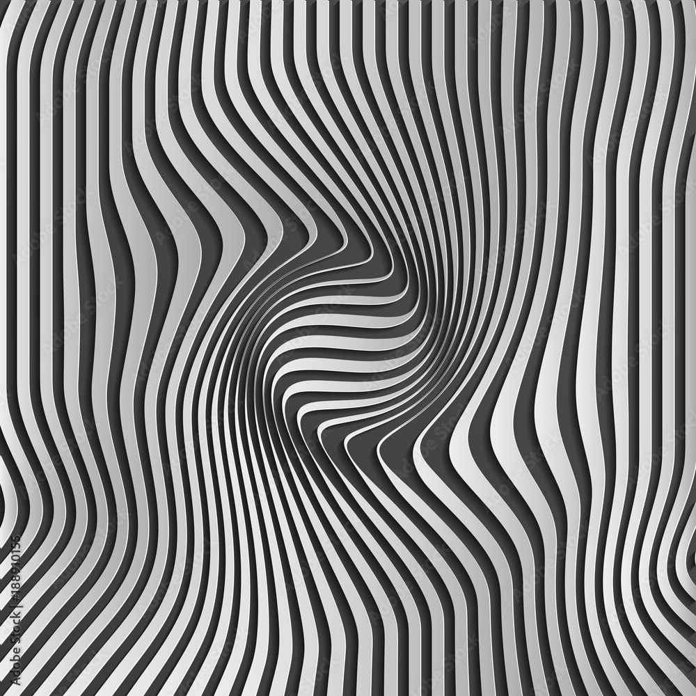 Chromium abstract silver stripe pattern background.Optical illusion, twisted lines, abstract curves background. The illusion of depth and perspective.Abstract 3d vector illustration. Eps 10.