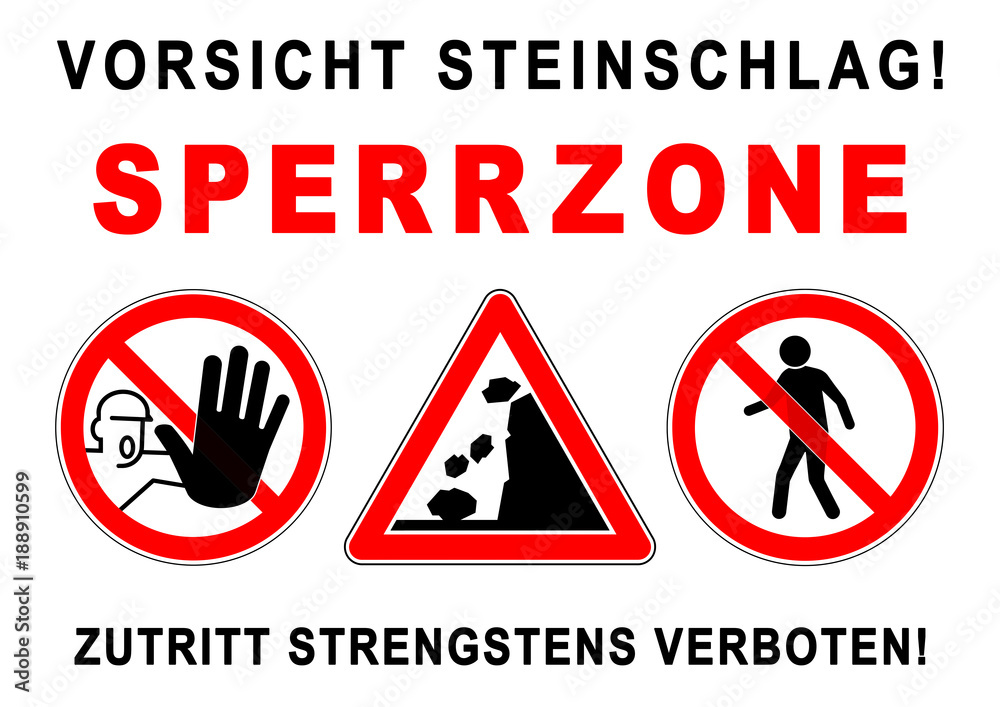 ks284 Kombi-Schild - ezs2 ExclusionZoneSign ezs - Gefahrenzeichen: Vorsicht Steinschlag! - Sperrzone - Fußgänger / Zutritt strengstens verboten - Plakat - DIN A1 A2 A3 A4 Poster xxl g5818
