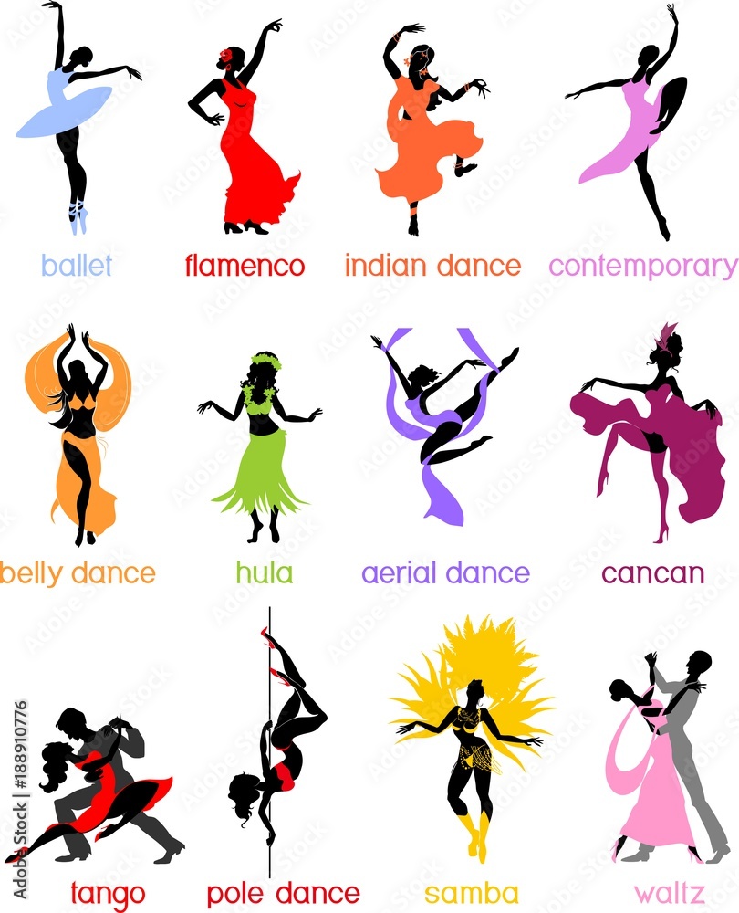 Obraz premium Various style dancing. Silhouettes of dancing people.