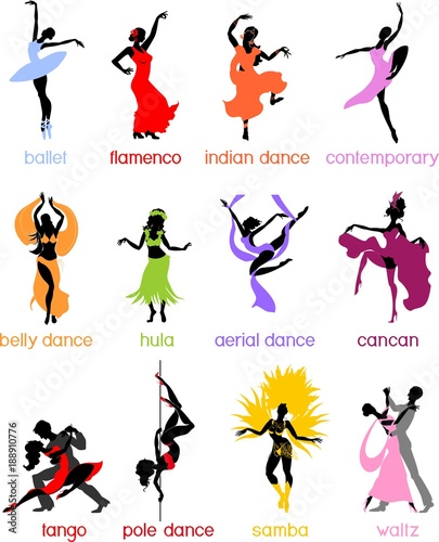 Various style dancing. Silhouettes of dancing people.