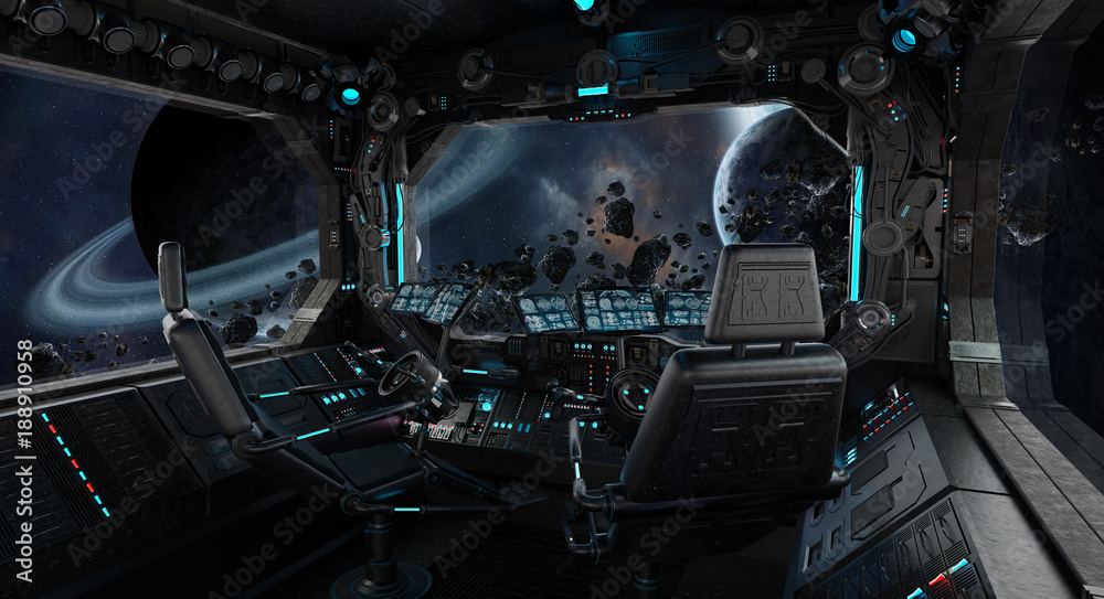Fototapeta premium Spaceship grunge interior with view on exoplanet