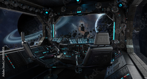 Fototapeta Naklejka Na Ścianę i Meble -  Spaceship grunge interior with view on exoplanet