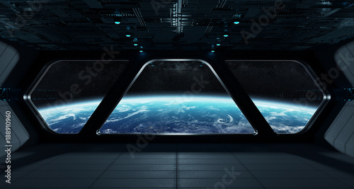 Fototapeta Naklejka Na Ścianę i Meble -  Spaceship futuristic interior with view on planet Earth