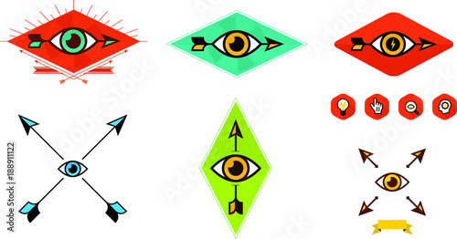 Set of logos for the company. Vector image isolated on white background. Logo of the eye and arrow. Different variants of arrows and eyes. Corporate style of the company. Icons and signs.  