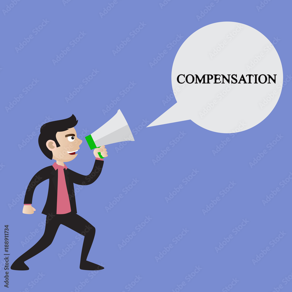 A young businessman screams into the loudspeaker. Business illustration with the inscription:compensation A young businessman screams into the loudspeaker. Business illustration with the inscription:compensation