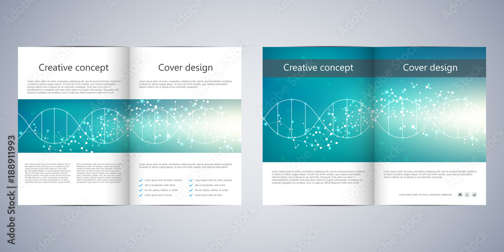 Bi fold square brochure template with dna molecule background.