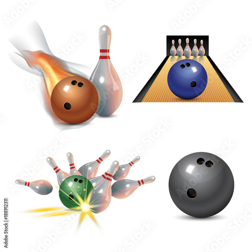 Realistic bowling icon set isolated on white background. Bowling strike with ball