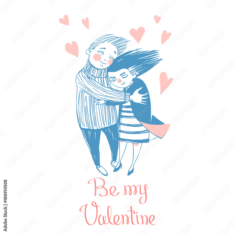 Hand drawn Valentine's Day greeting card. Sweet couple hugs Hand drawn Valentine's Day greeting card. Sweet couple hugs