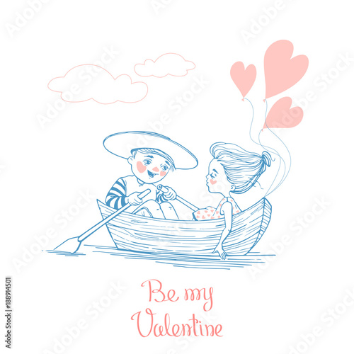 Hand drawn Valentine's Day greeting card. Sweet couple in a boat
