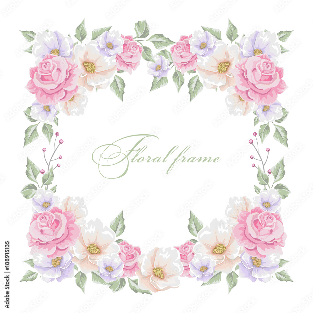 Greeting card with bouquet flowers for wedding, Valentine's day, birthday and other holidays. Vector floral frame.