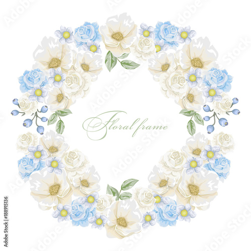 Greeting card with bouquet flowers for wedding, Valentine's day, birthday and other holidays. Vector floral round frame.