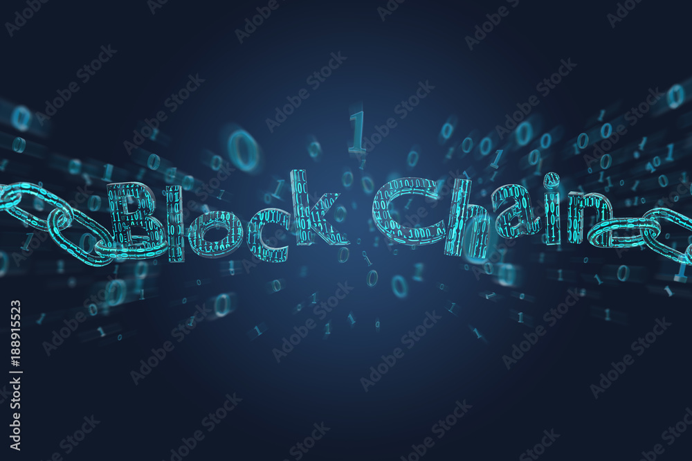 Blockchain title with a cahin made of data number - 3d render