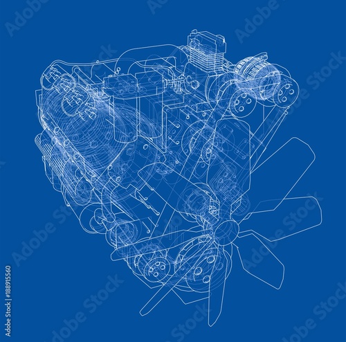 Car engine. Vector rendering of 3d