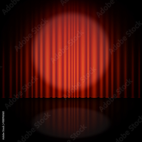 Spotlight on stage and red curtain. EPS 10 vector